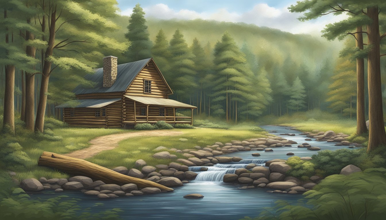 A serene forest clearing with a rustic log cabin, surrounded by tall trees and a peaceful stream, showcasing the natural beauty of Pennsylvania's hunting grounds