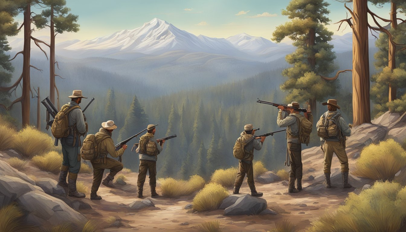 A group of hunters gathers gear and rifles in a rugged California landscape, surrounded by tall trees and mountains in the distance