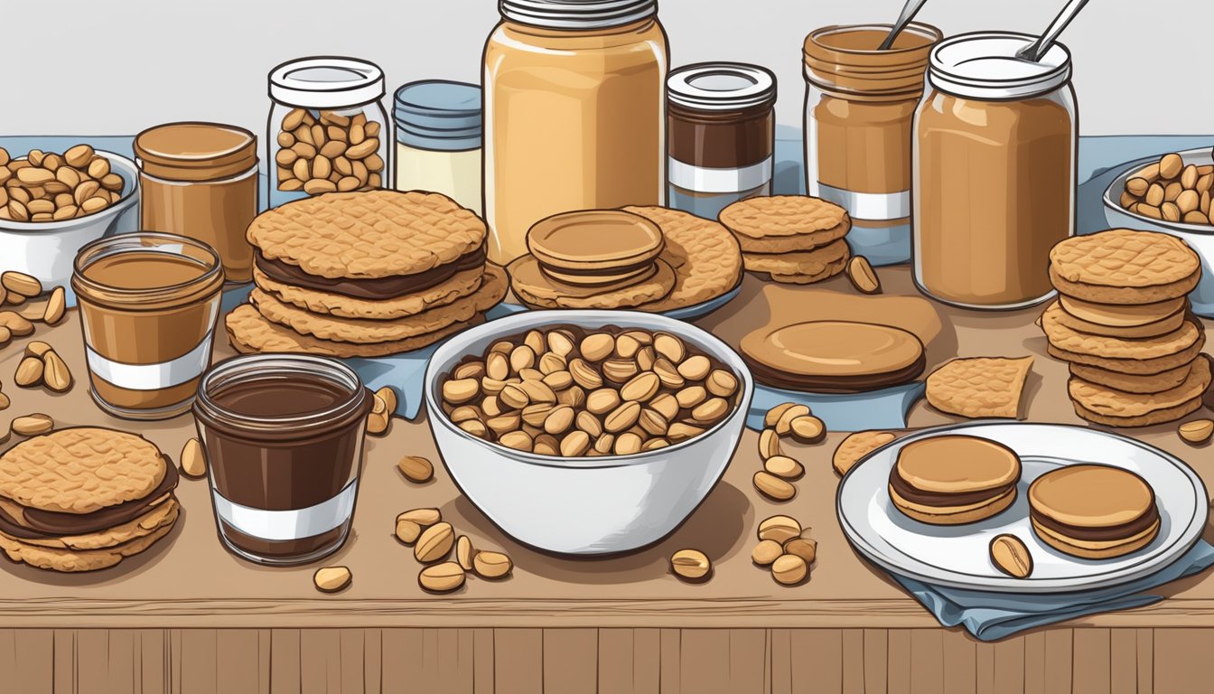 A table spread with peanut butter cookies, sandwiches, and a jar of peanut butter surrounded by peanuts and peanut butter cups