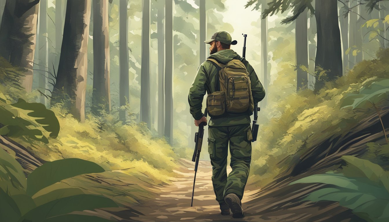 A hunter walking through a dense forest, carrying a rifle and wearing camouflage gear. A guide points out animal tracks in the underbrush