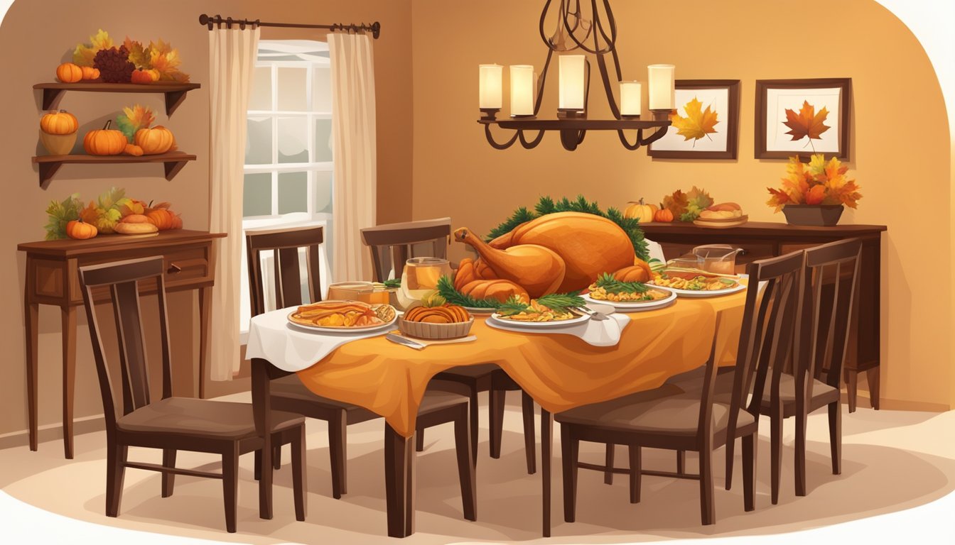 A cozy dining table set for four with a Thanksgiving feast, surrounded by autumn decorations and warm lighting