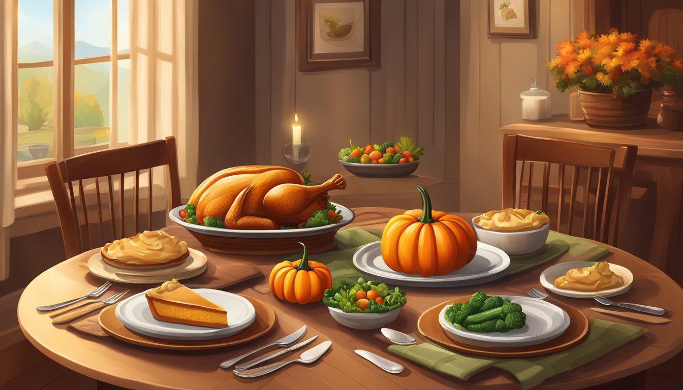 A cozy dining table set with a small turkey, seasonal vegetables, and a pumpkin pie. A warm, inviting atmosphere with autumn decor and soft lighting