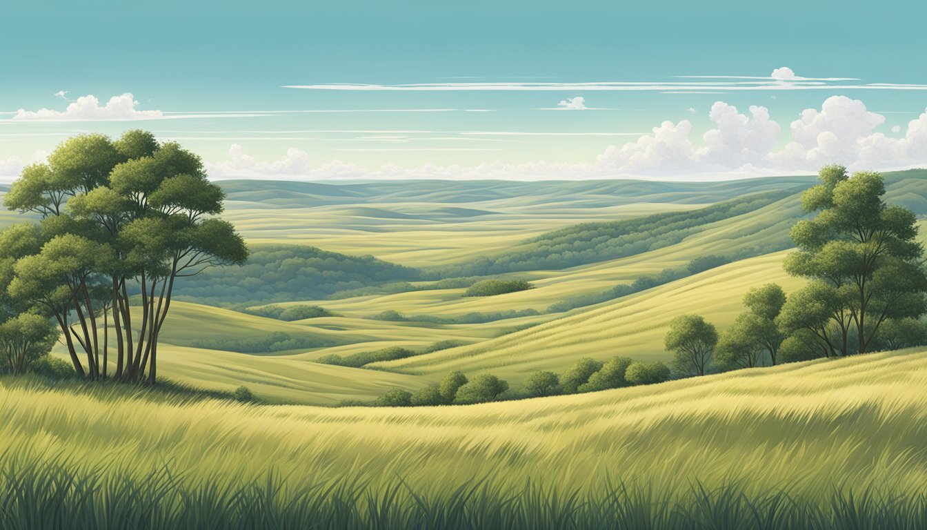 A vast open prairie with rolling hills and tall grass, surrounded by dense woodland and a clear blue sky