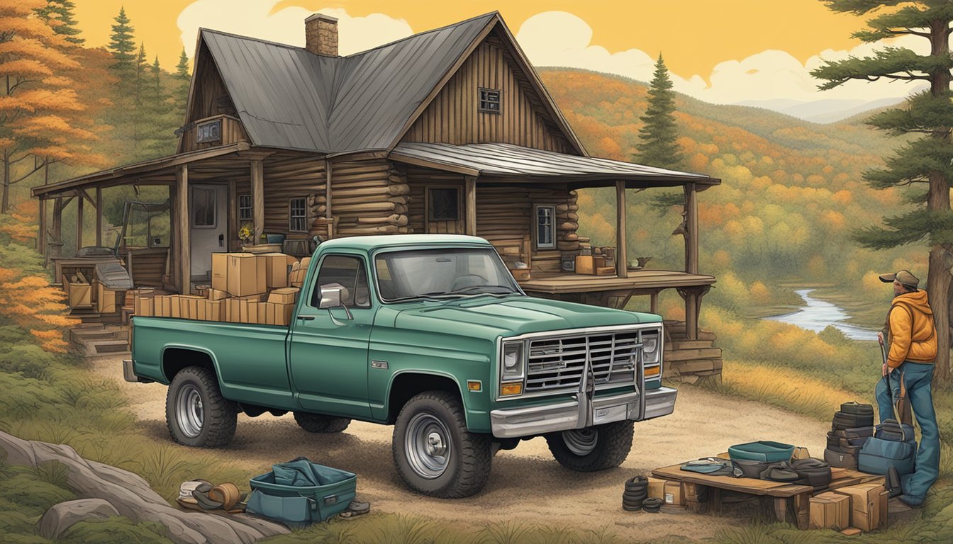 A hunter packing gear into a pickup truck surrounded by wooded hills and a rustic cabin in Pennsylvania