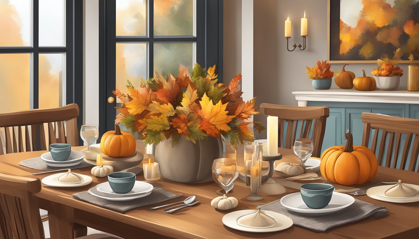 A cozy dining table set for four, adorned with a simple Thanksgiving centerpiece, surrounded by warm, inviting decor