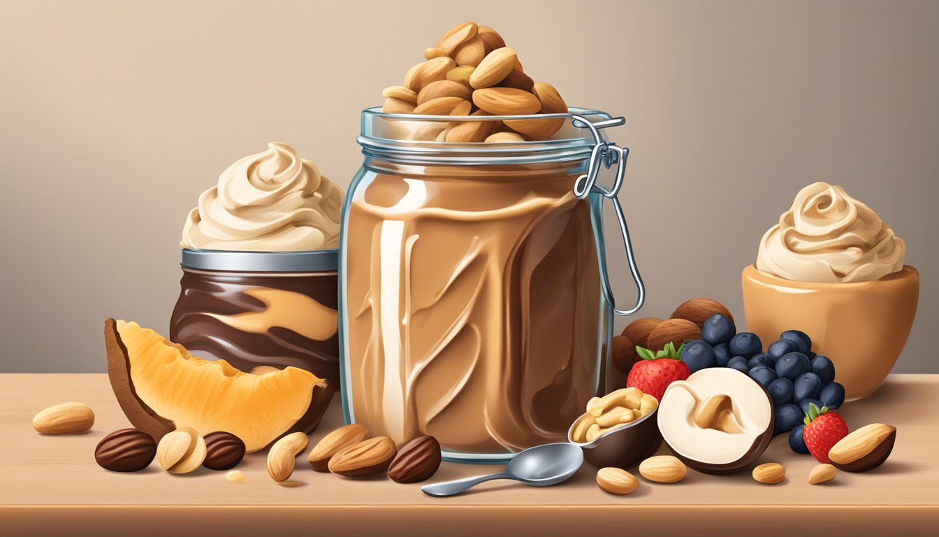 A jar of peanut butter surrounded by various nuts, fruits, and chocolate, with a spoonful of peanut butter being swirled into a bowl of ice cream