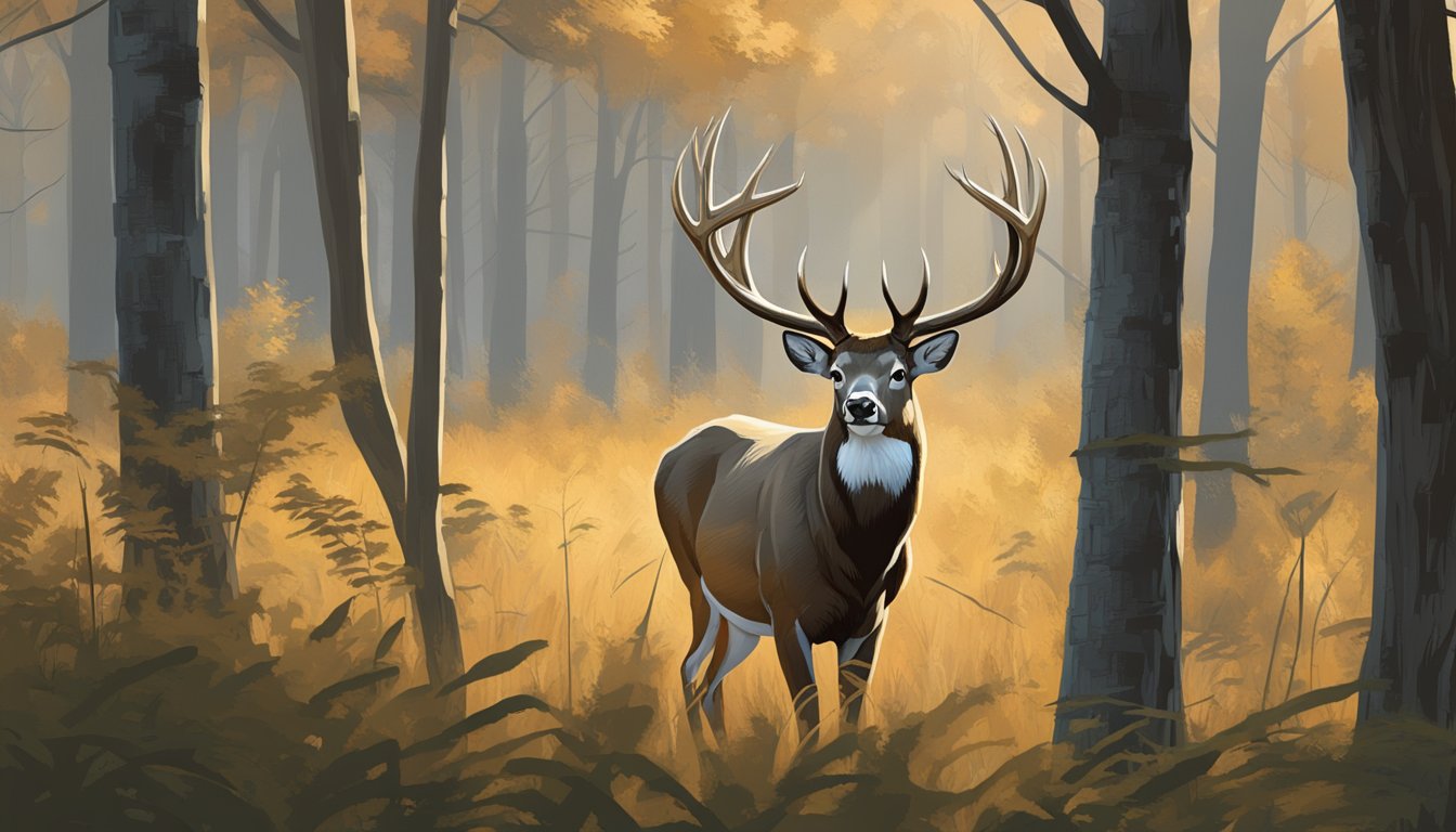 A majestic buck stands in a dense Iowa forest, surrounded by tall grass and towering trees, showcasing the prime hunting grounds of Outland Trophy Whitetails