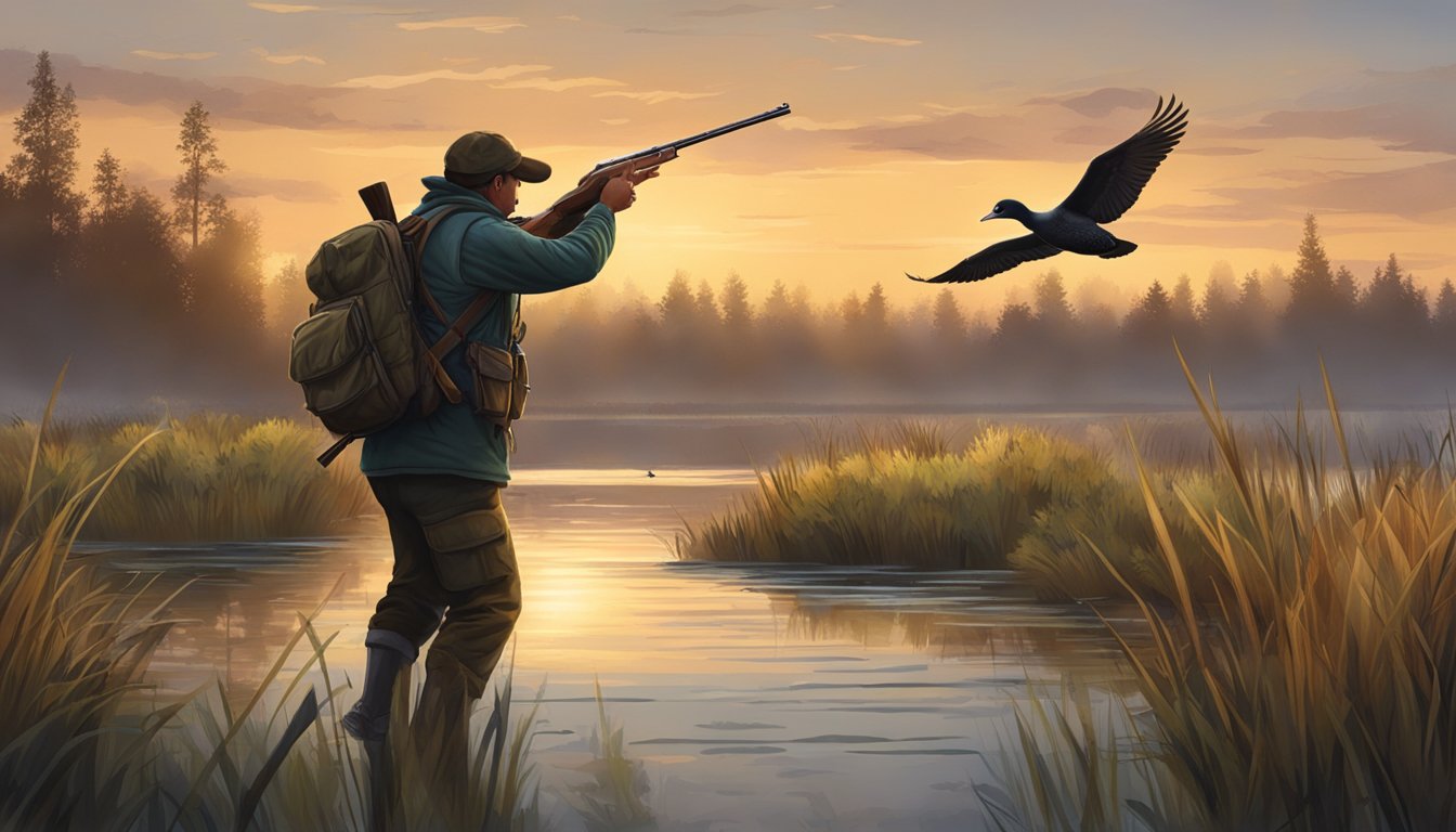 A hunter aiming at a flying duck over a marshy wetland at dawn