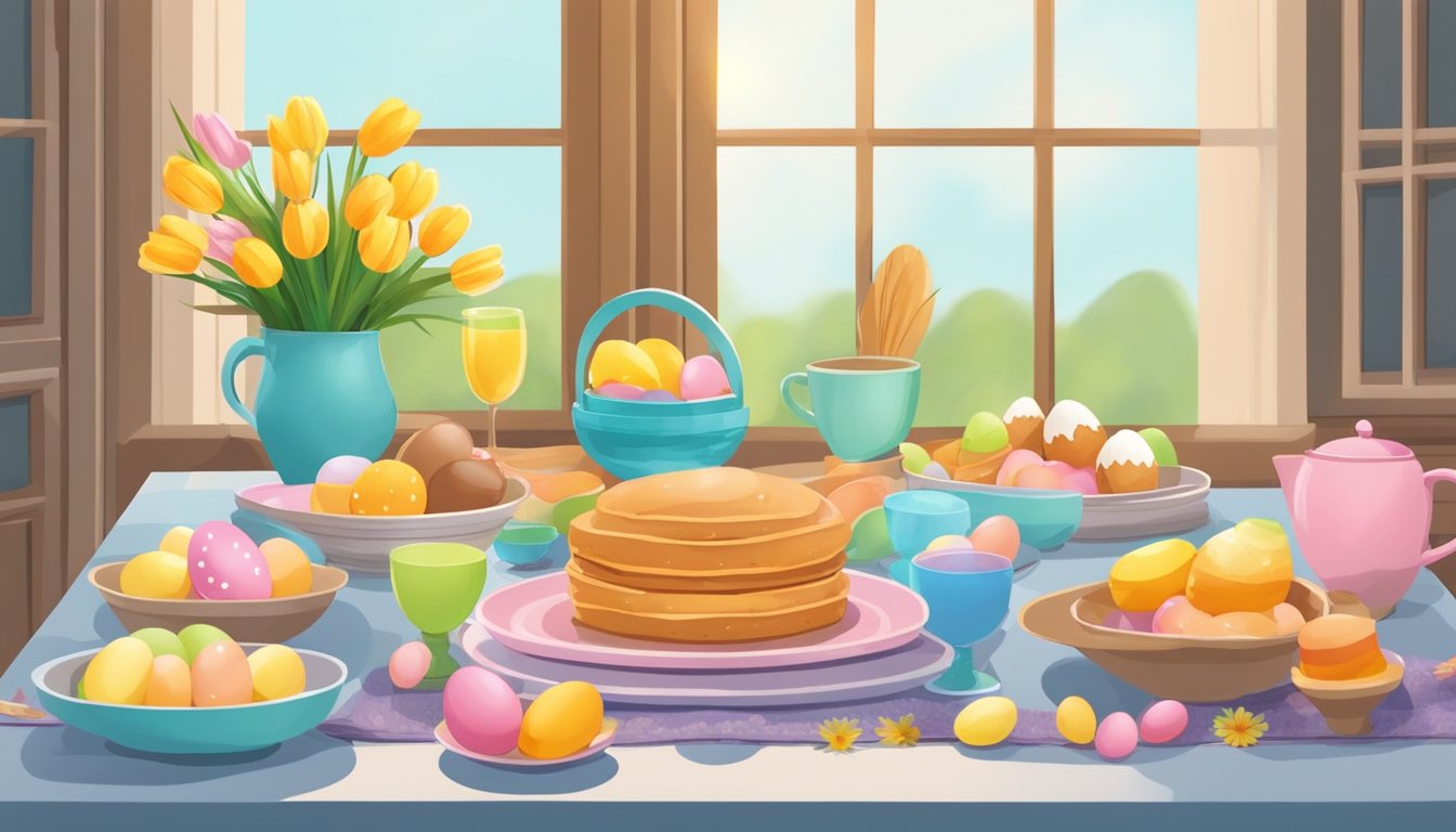 A table set with colorful Easter treats and decorations, with a backdrop of a cozy home interior, showcasing simple recipes during the Covid-19 lockdown