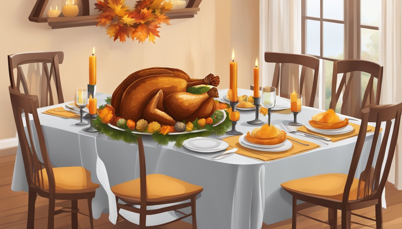 A cozy dining table set with a small turkey, autumnal decorations, and flickering candles, surrounded by four or two chairs