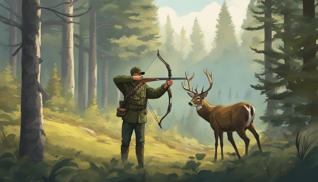 A hunter aiming a bow at a deer in a forest clearing