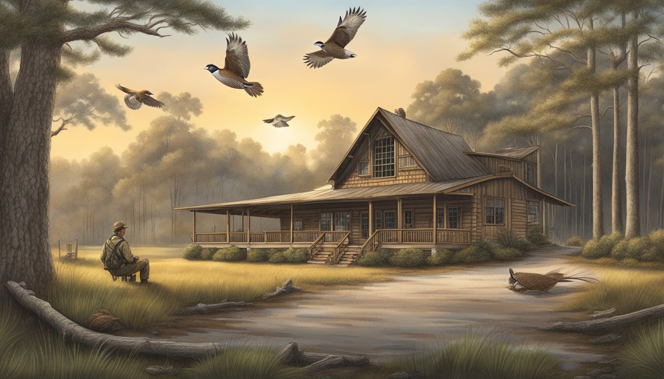 A serene woodland setting with a rustic lodge, hunting gear, and quail flying overhead at Backwoods Quail Club in South Carolina