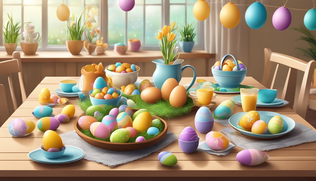 A table set with colorful Easter treats and ingredients, surrounded by decorations and Easter eggs, with a warm and inviting atmosphere