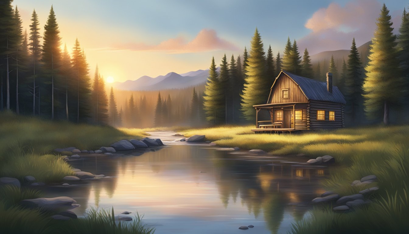 A serene forest clearing at dawn, with a rustic cabin nestled among tall trees and a stream running through the scene