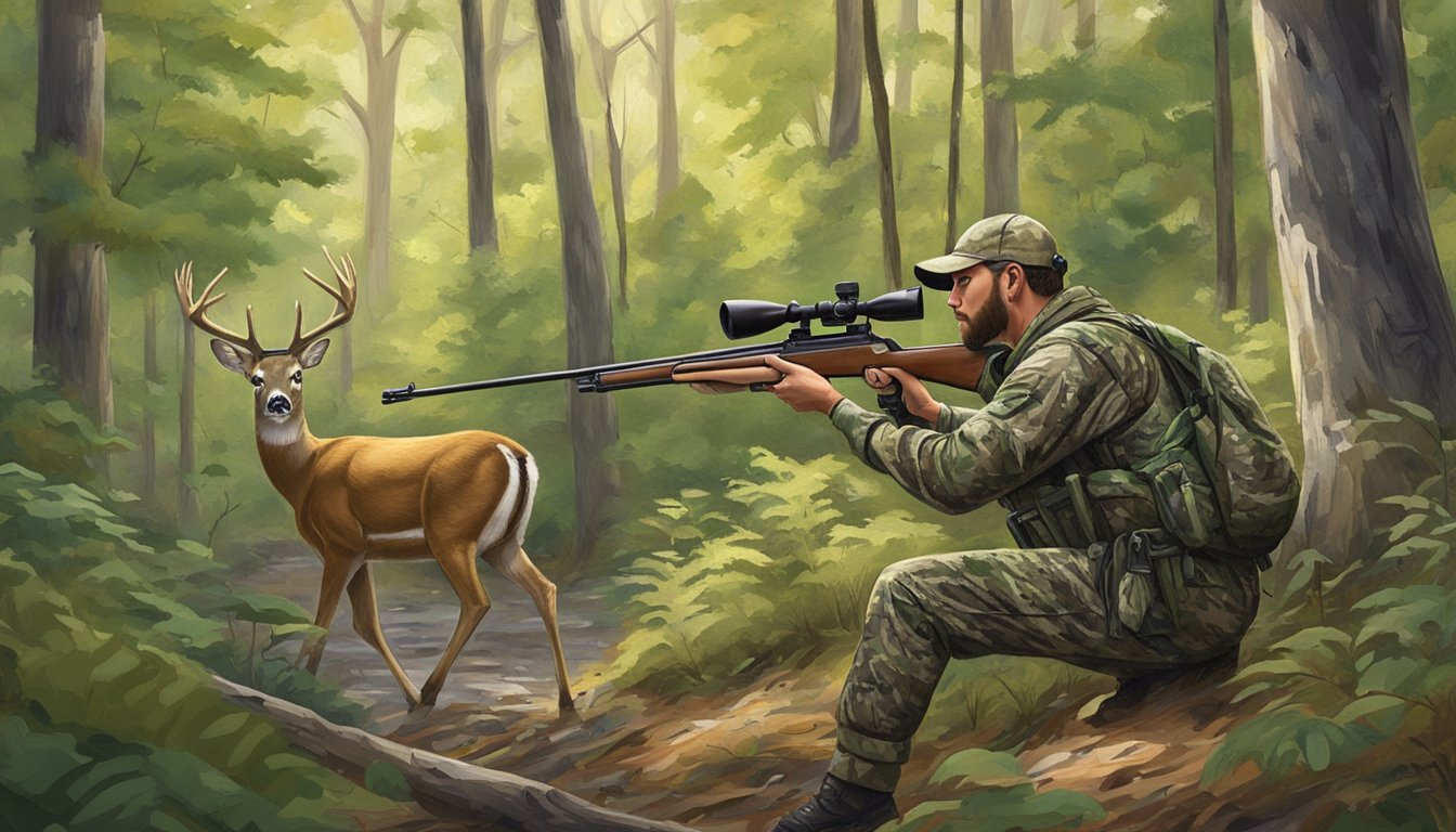 A hunter in camouflage gear aims a rifle at a deer in a lush, wooded area at Briar Creek Sportsman Club, South Carolina