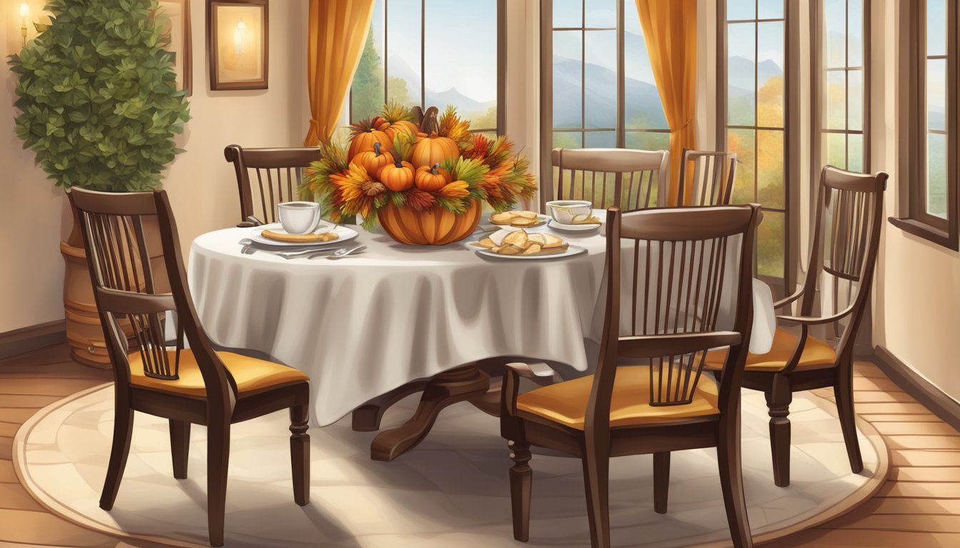 A small table set with a decorative Thanksgiving centerpiece, surrounded by four or two chairs, with a warm and inviting atmosphere