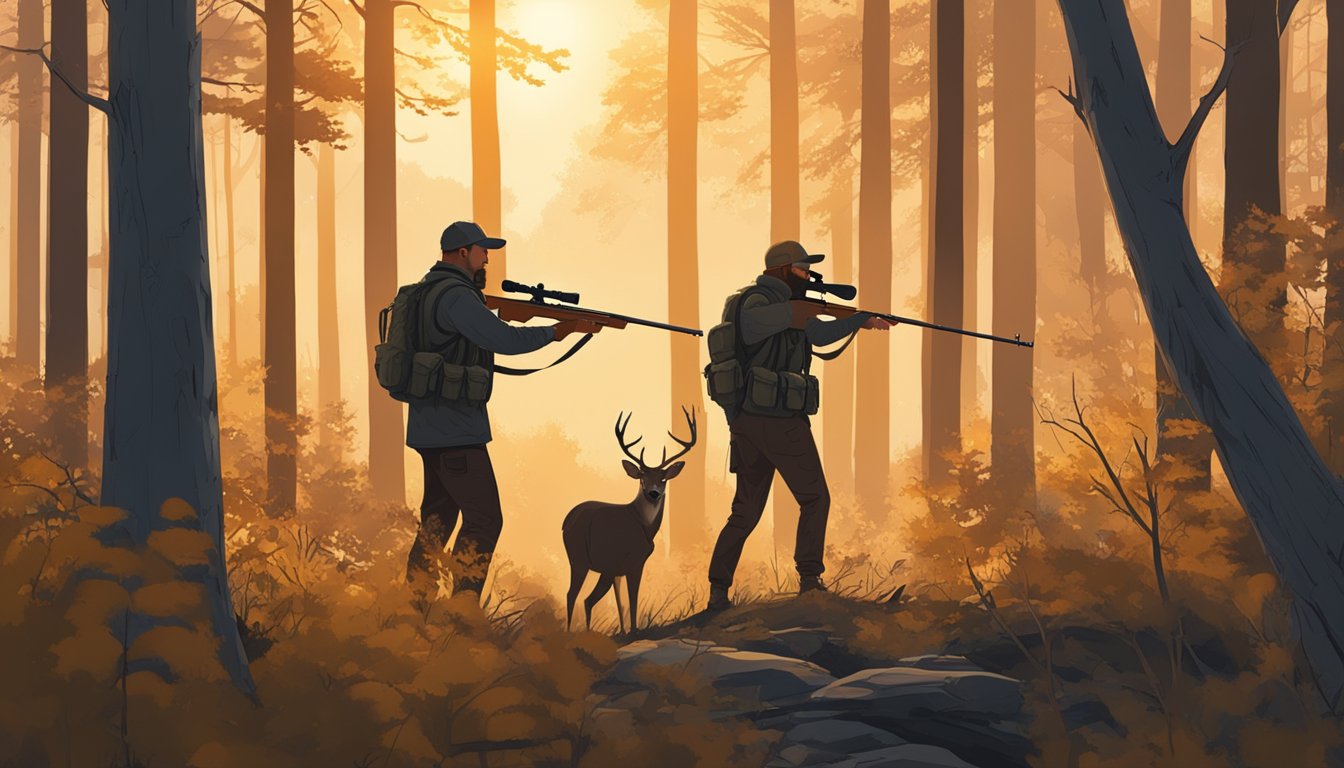 A hunter stands in a wooded area, aiming a rifle at a deer. The sun is setting, casting a warm glow on the scene