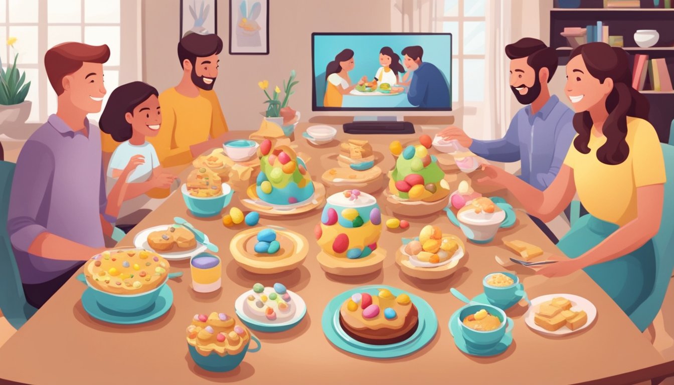 A table set with colorful Easter treats, surrounded by smiling family members on a video call