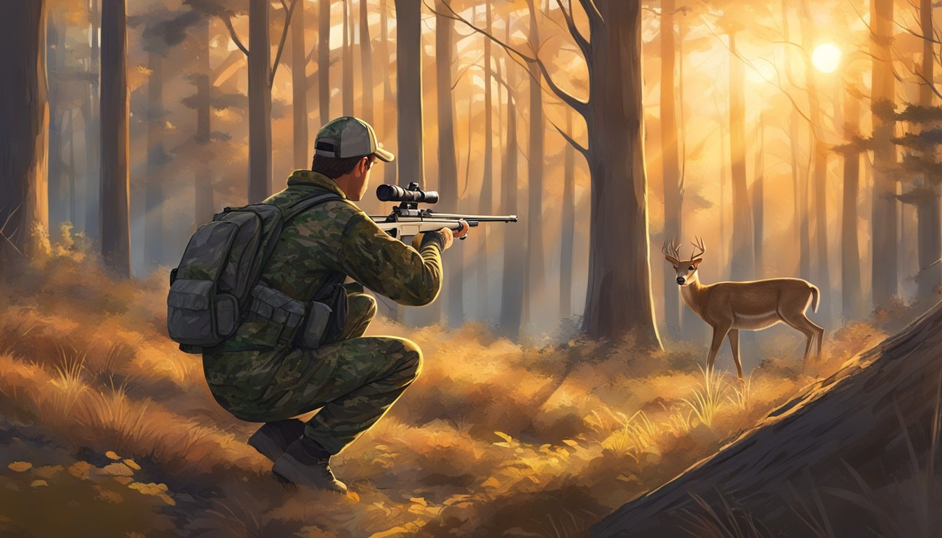 A hunter in camouflage gear stands in a wooded area, aiming a rifle at a deer. The sun is setting, casting a warm glow over the scene