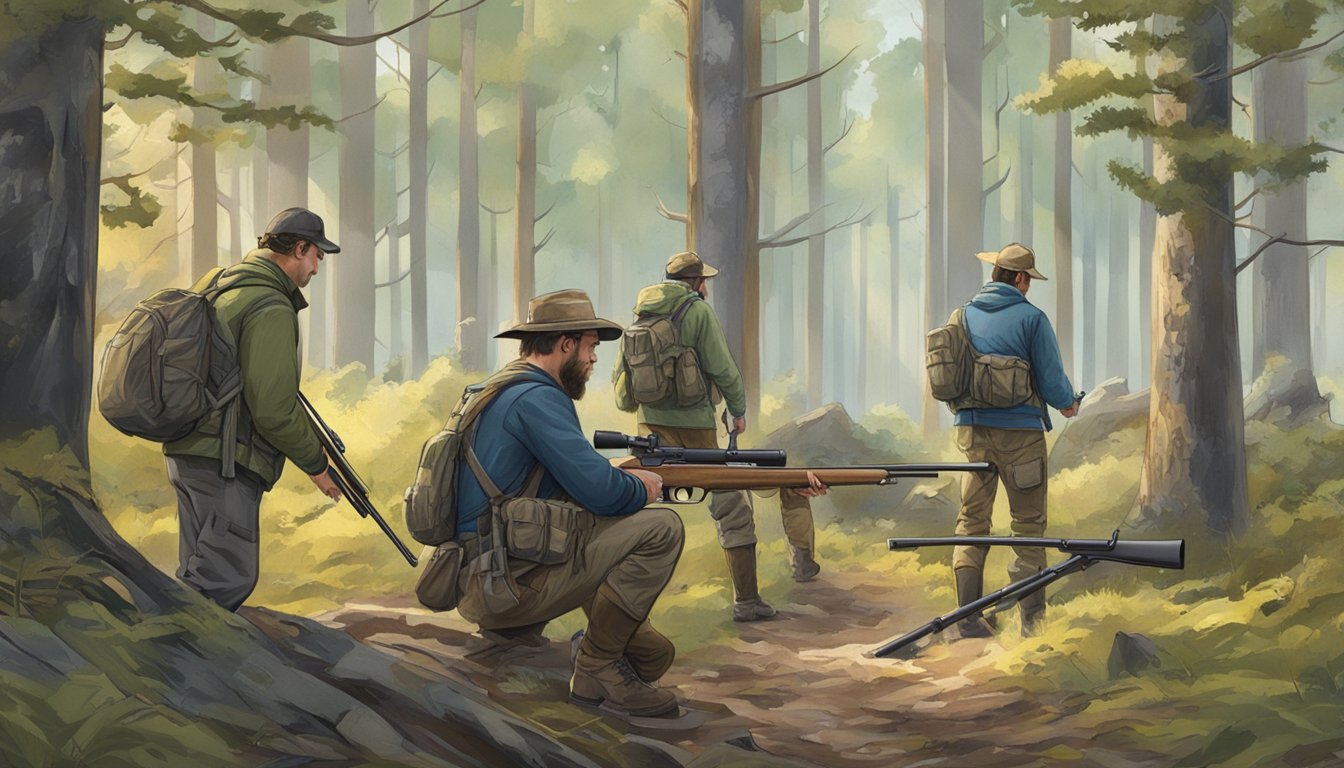 A group of hunters preparing their gear and firearms in a wooded area, with a guide pointing towards a trail