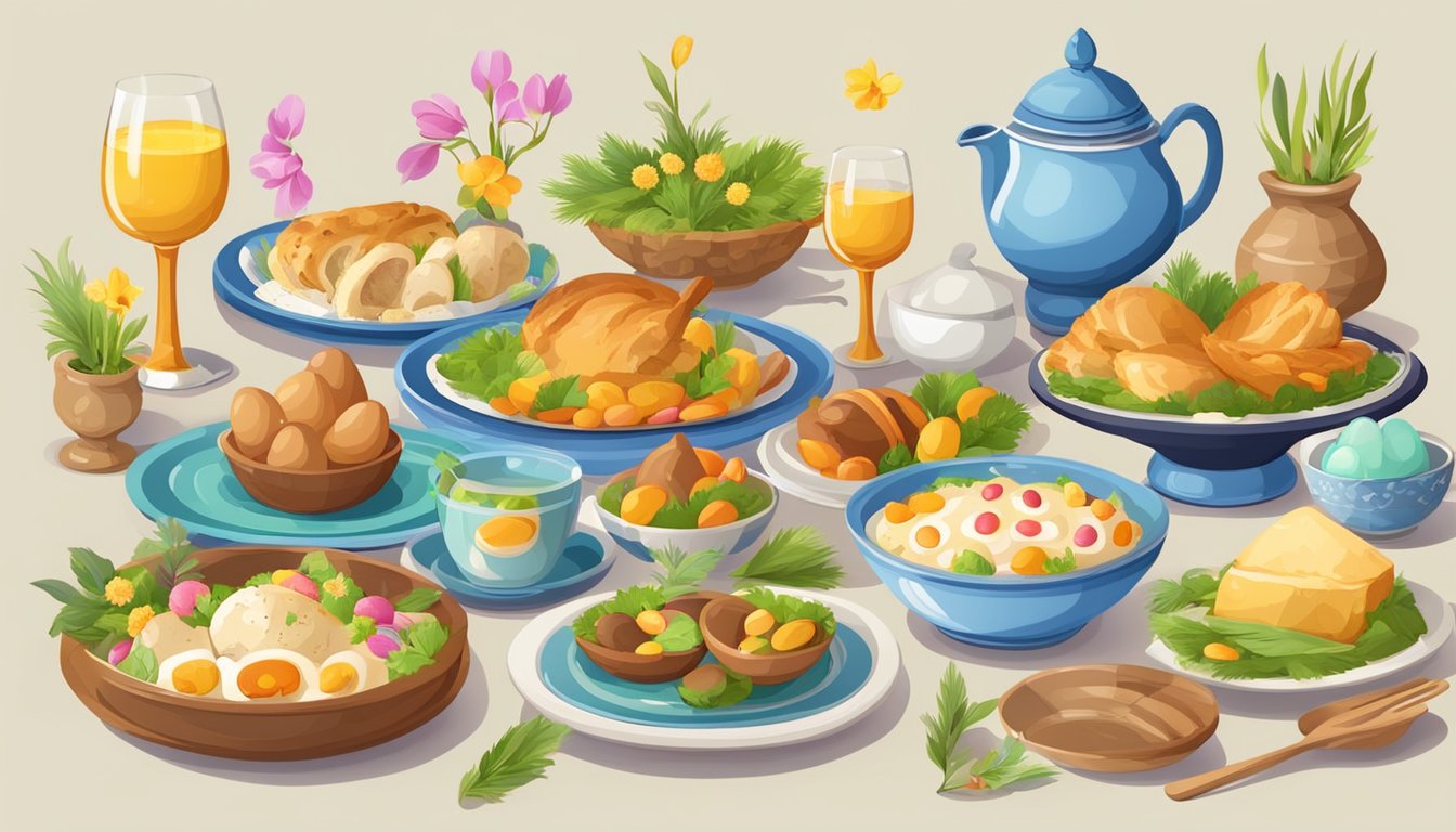 A table set with various traditional Easter dishes from around the world, surrounded by colorful decorations and symbols of the holiday