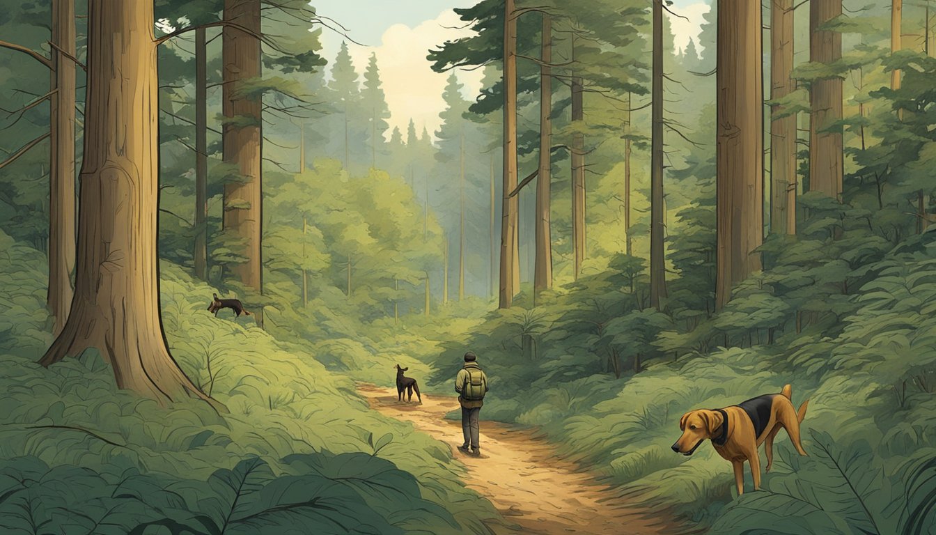 A dense forest with a winding trail, a hunter's cabin nestled among the trees, and a pair of hunting dogs eagerly sniffing the ground