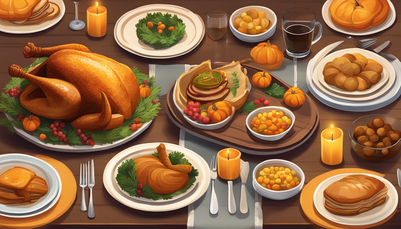 A small dining table set for four with a cozy, autumn-themed centerpiece. A turkey and traditional Thanksgiving dishes are laid out, with warm lighting and a welcoming atmosphere