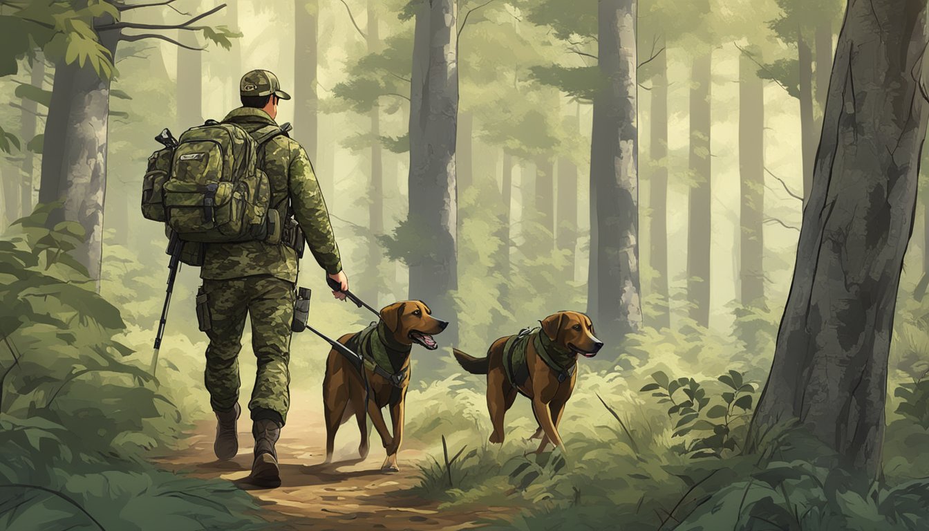 A hunter in camouflage gear walks through a dense forest, carrying a rifle and accompanied by hunting dogs. The Ironwood Outfitters logo is visible on his gear