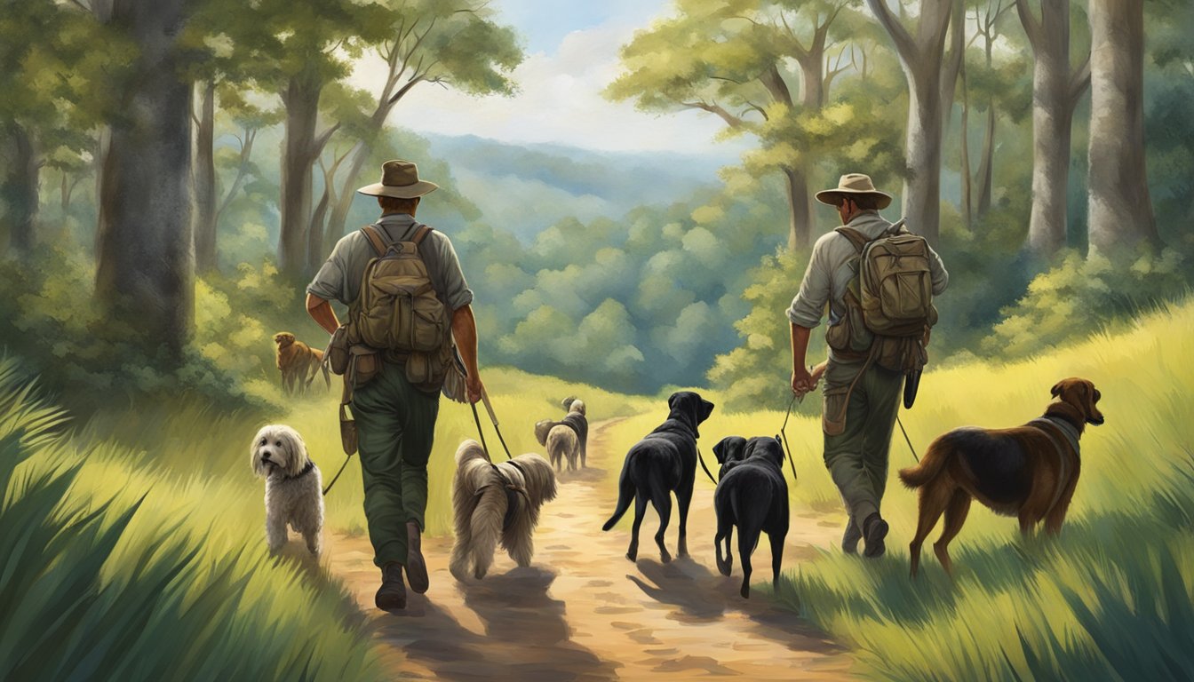 A group of hunters and their dogs trek through the lush, rolling hills of Indian Hill Plantation, South Carolina, in search of game