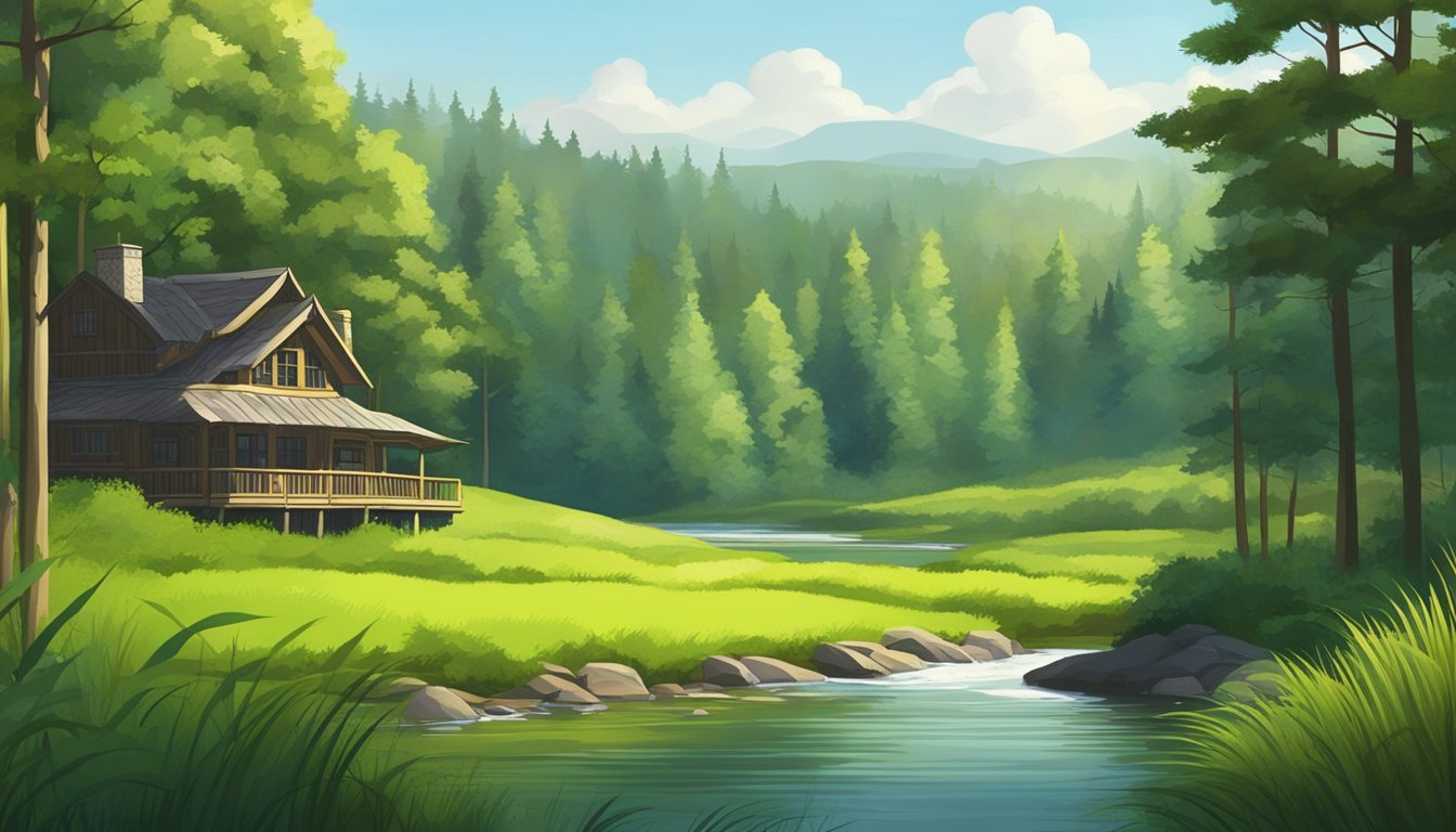 Lush green landscape with a winding river, tall grass, and dense forest. A hunting lodge sits at the edge of the woods