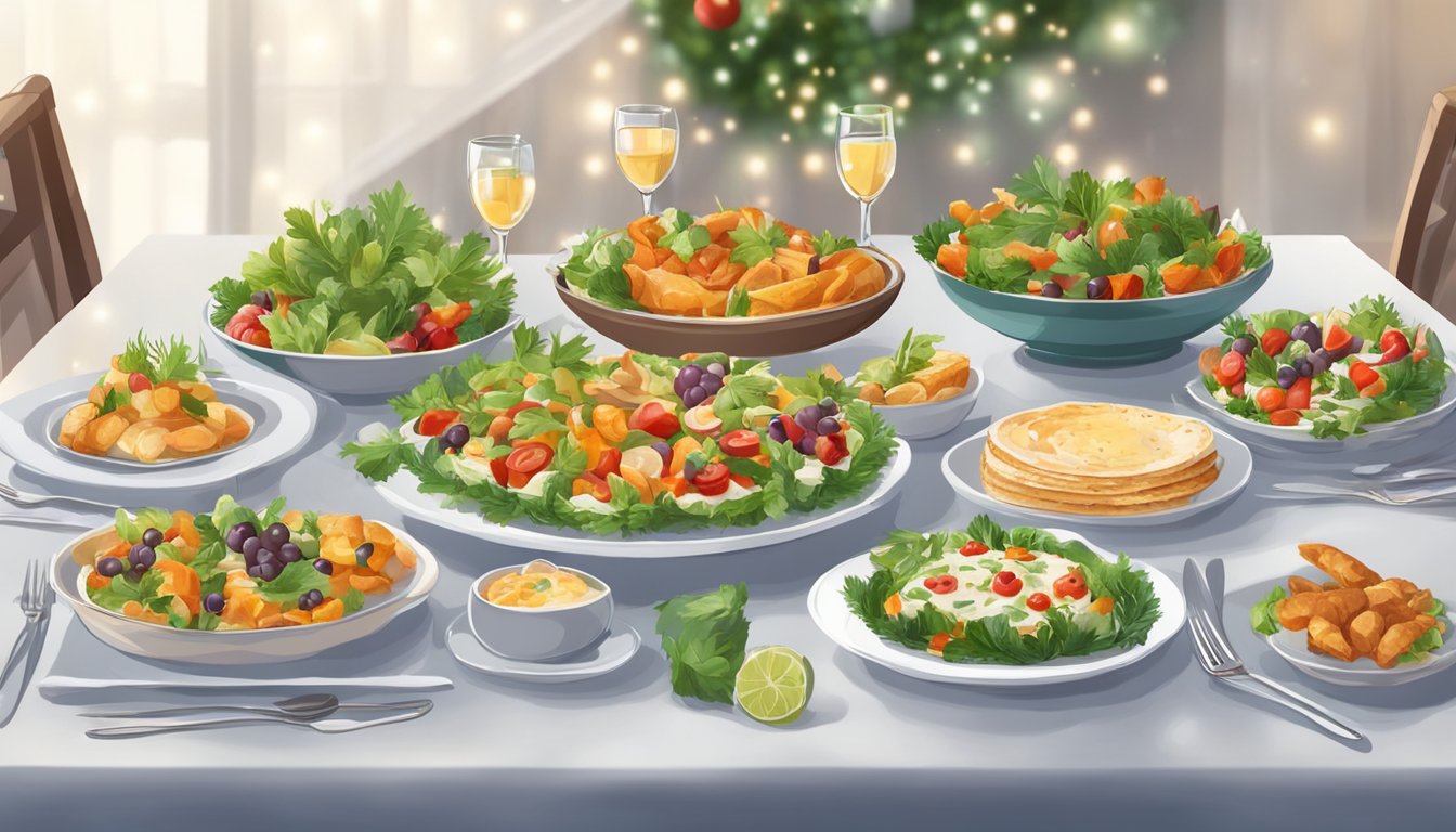 A festive table set with colorful, fresh appetizers and starters, surrounded by greenery and twinkling lights