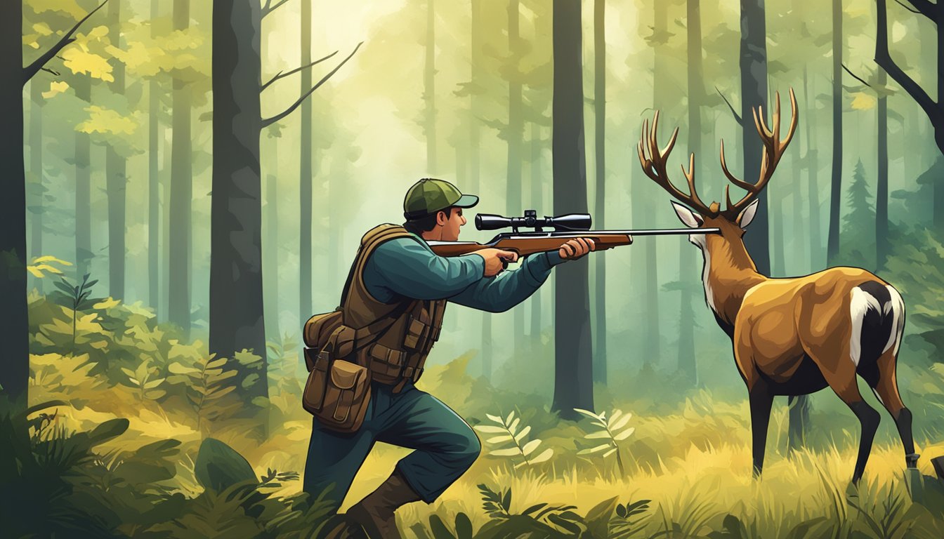 A hunter aiming a rifle at a deer in a forest clearing