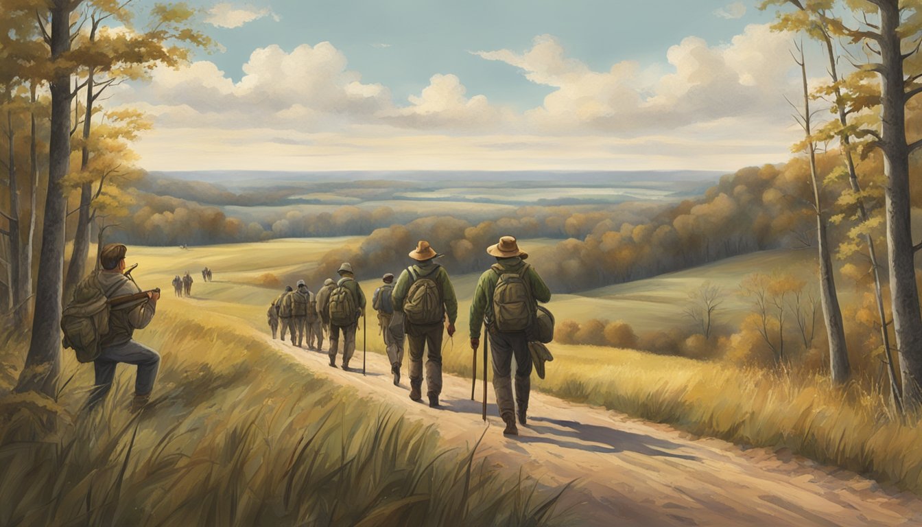 A group of hunters trek through the Iowa landscape, surrounded by fields and forests, with their hunting gear in hand