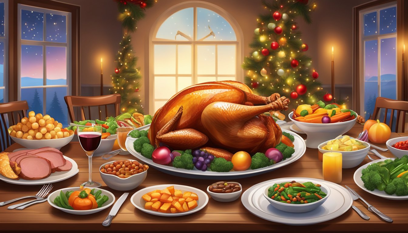 A festive table set with a roast turkey, glazed ham, colorful vegetables, and a variety of side dishes. A warm, inviting atmosphere with holiday decorations and twinkling lights