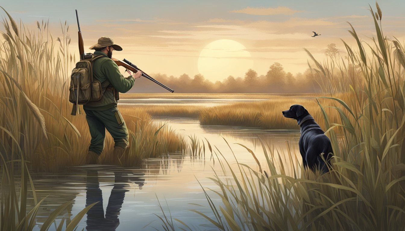 A hunter standing in a marshy wetland, surrounded by tall grass and reeds, with a hunting dog by their side, aiming a rifle towards the horizon