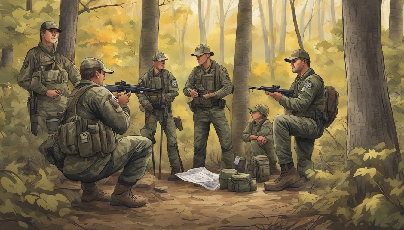 A group of hunters in camouflage gear displaying their licenses to a game warden in a wooded area of Iowa