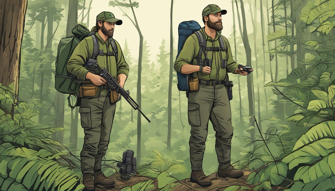 A hunter standing in a lush forest, examining the gear provided by a professional outfitter. The outfitter's logo prominently displayed on the equipment