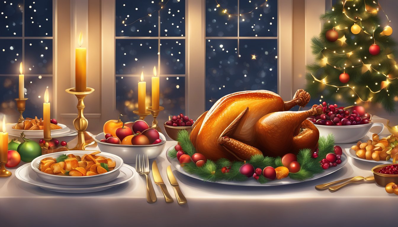 A festive table set with roasted vegetables, cranberry sauce, and a golden turkey, surrounded by flickering candles and twinkling Christmas lights