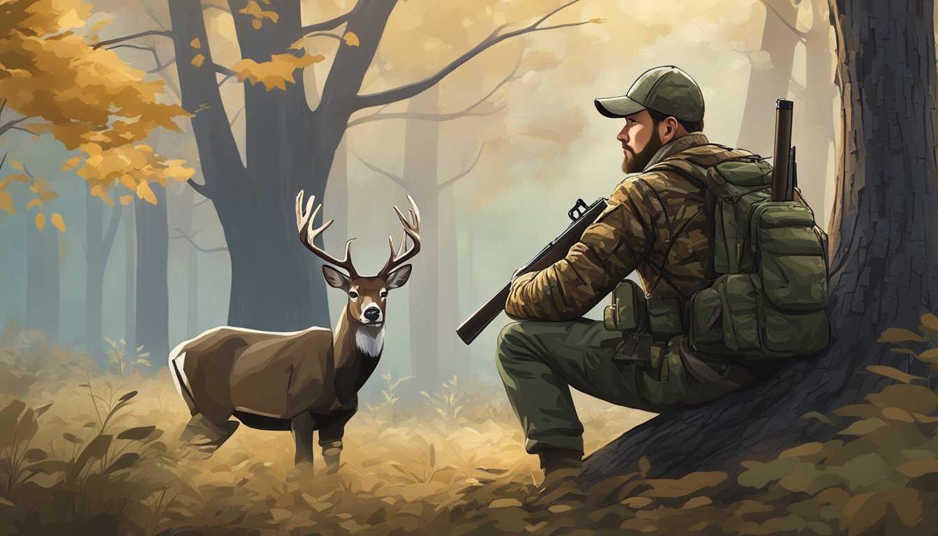 A hunter in camouflage quietly waits in a tree stand, bow in hand, as a deer cautiously approaches a clearing in the woods