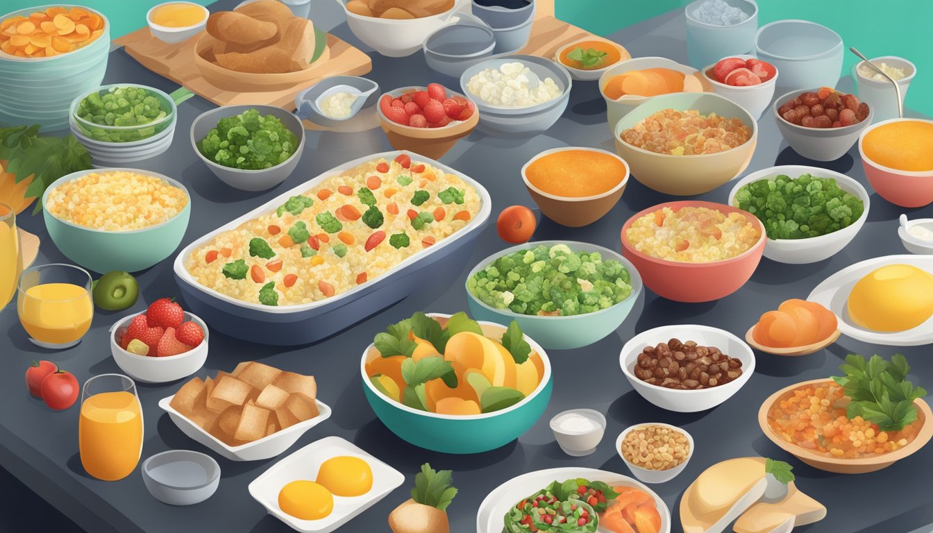 A colorful kitchen counter filled with bowls of leftover holiday food being transformed into fresh, healthy breakfast dishes