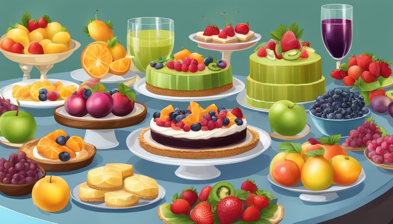 A festive table set with colorful fruit platters, decadent fruit tarts, and a variety of other healthy desserts