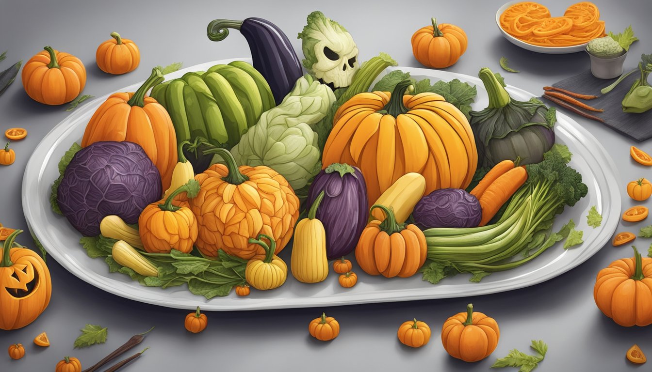 A colorful array of carved and arranged vegetables, resembling spooky creatures and Halloween symbols, displayed on a platter