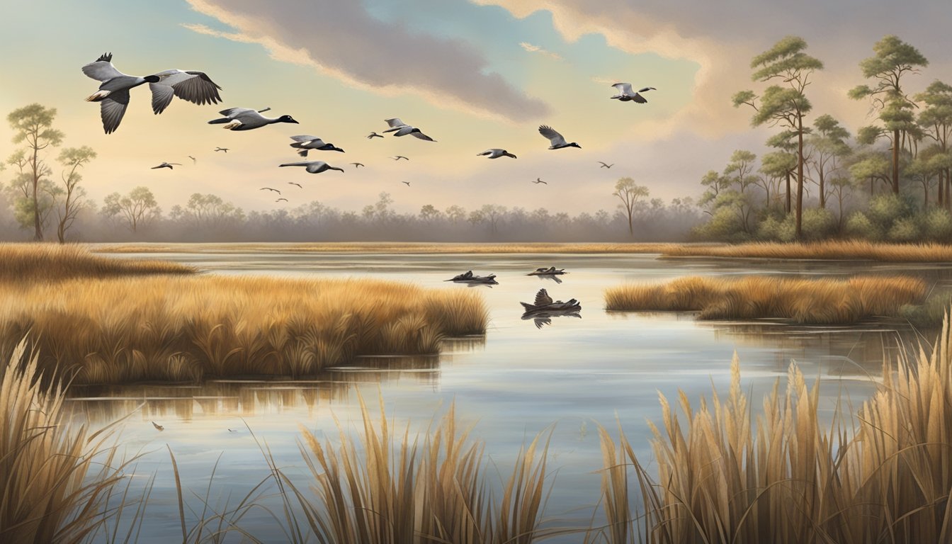 A marshy wetland in Louisiana, with a flock of Canadian Delta Waterfowl flying overhead, and hunting outfitters setting up blinds along the shore