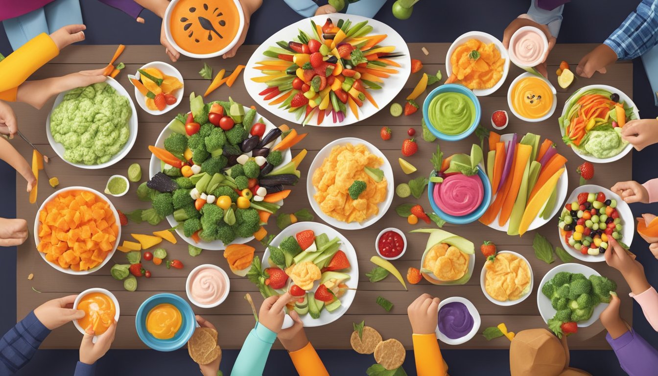 A table spread with colorful vegetable sticks, fruit skewers, and assorted dips, surrounded by excited children in Halloween costumes