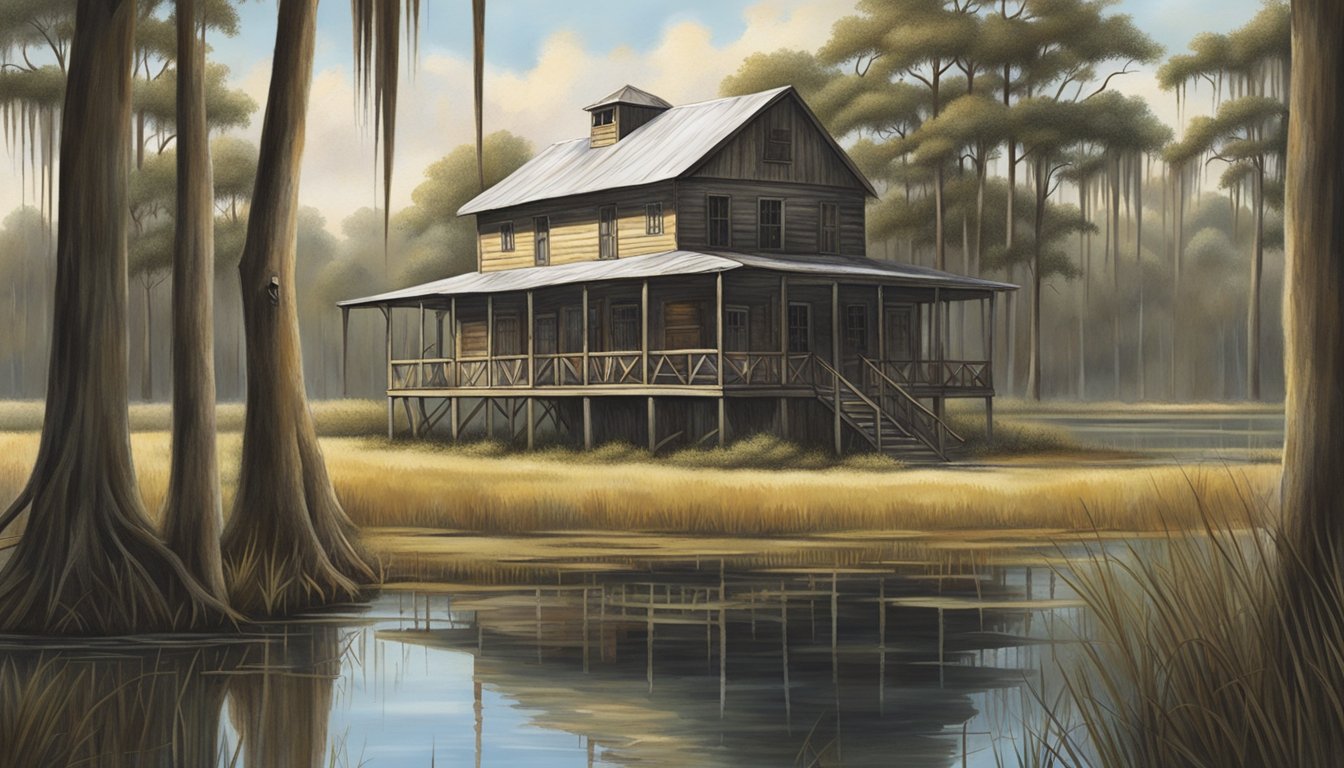 A rustic hunting lodge nestled in the Louisiana bayou, surrounded by cypress trees and marshland. A sign reading "DuckRoost Road Hunting Club" hangs above the entrance