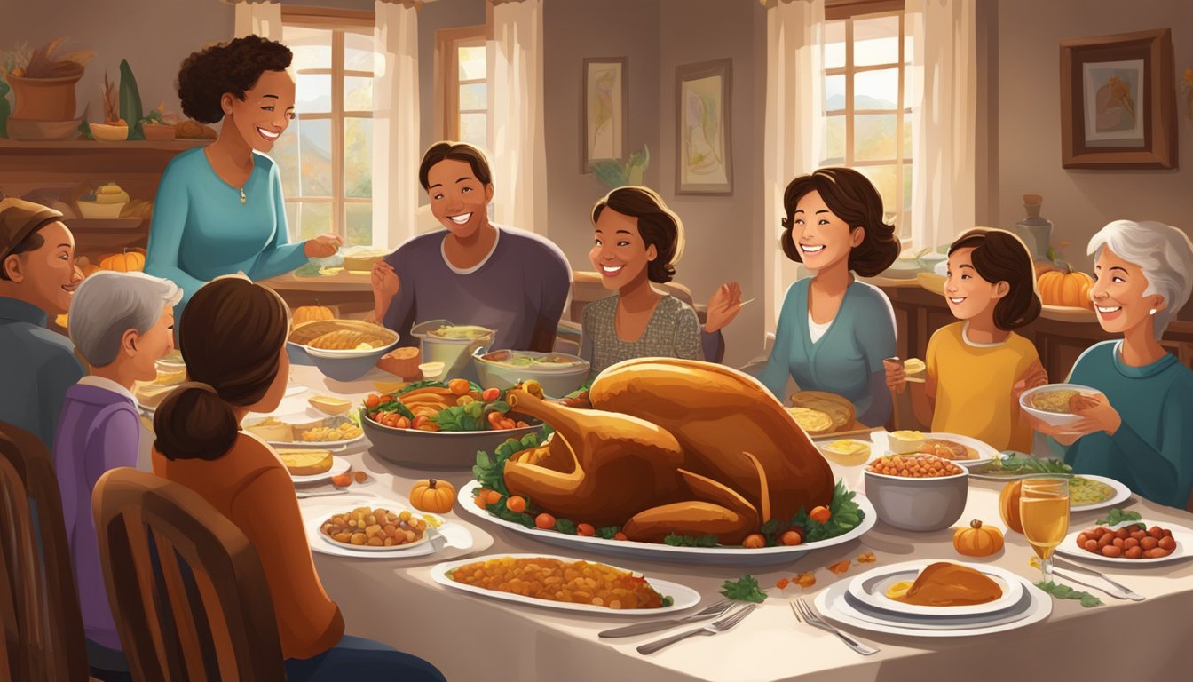 Families gathered around a beautifully set table, enjoying a Thanksgiving feast together. The room is filled with warmth and laughter, creating a sense of gratitude and togetherness