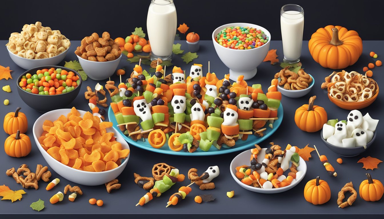 A table filled with colorful and creative Halloween-themed snacks, such as fruit skewers, veggie skeletons, and yogurt-covered pretzel rods