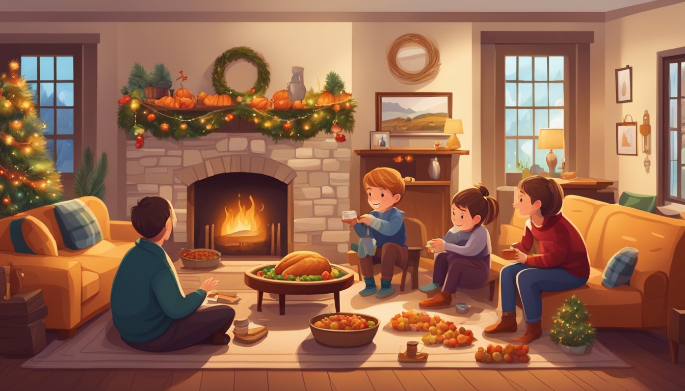 A warm and cozy living room with a crackling fireplace, a large dining table set for a festive Thanksgiving meal, and a family playing board games together