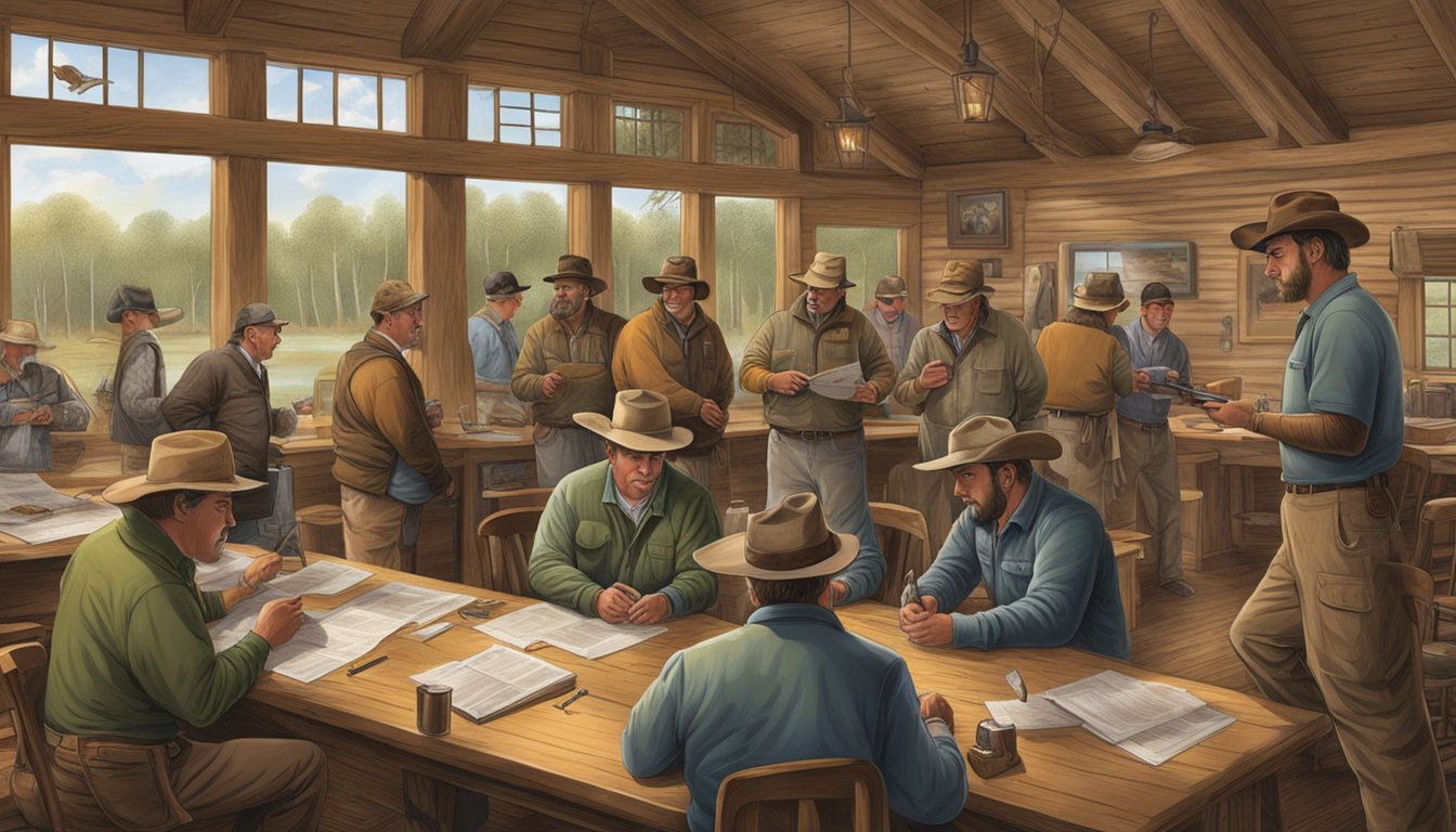 A group of outfitters gather licenses and review regulations in a Louisiana hunting lodge