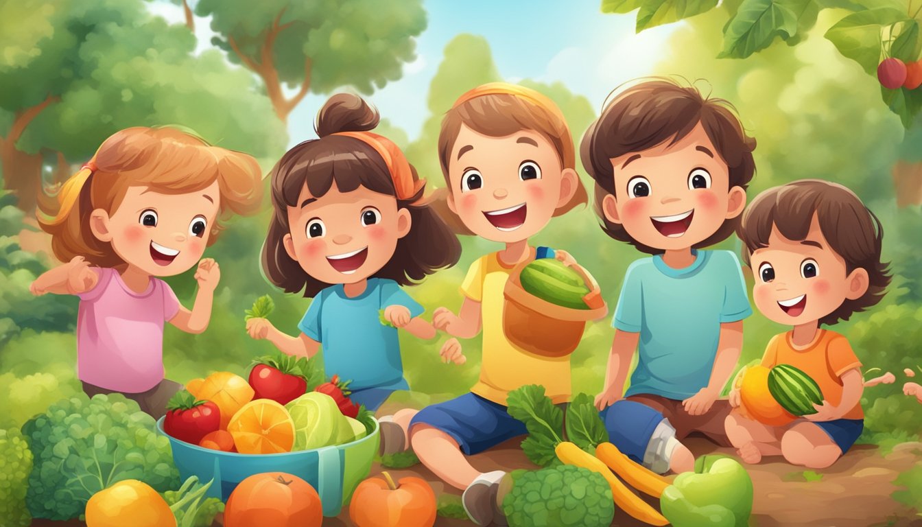 A group of happy, healthy children playing outdoors, surrounded by colorful fruits and vegetables, with a bottle of probiotics prominently displayed in the background